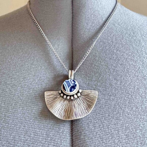 Blue White Ceramic Pendant Necklace Silver Fan Statement Necklace - Picture 7 of 9
